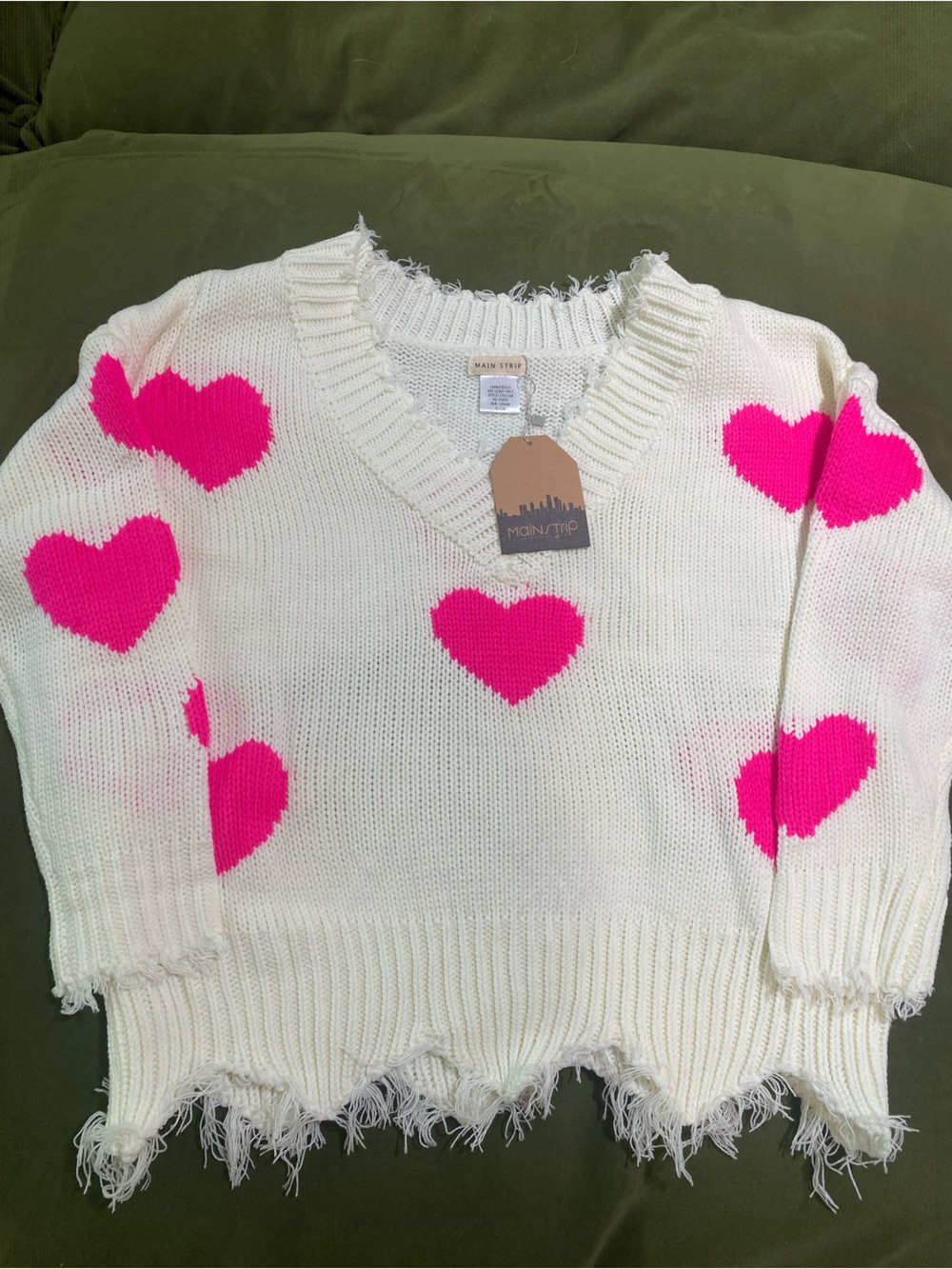 Cream Knit Sweater with Bright Pink Hearts